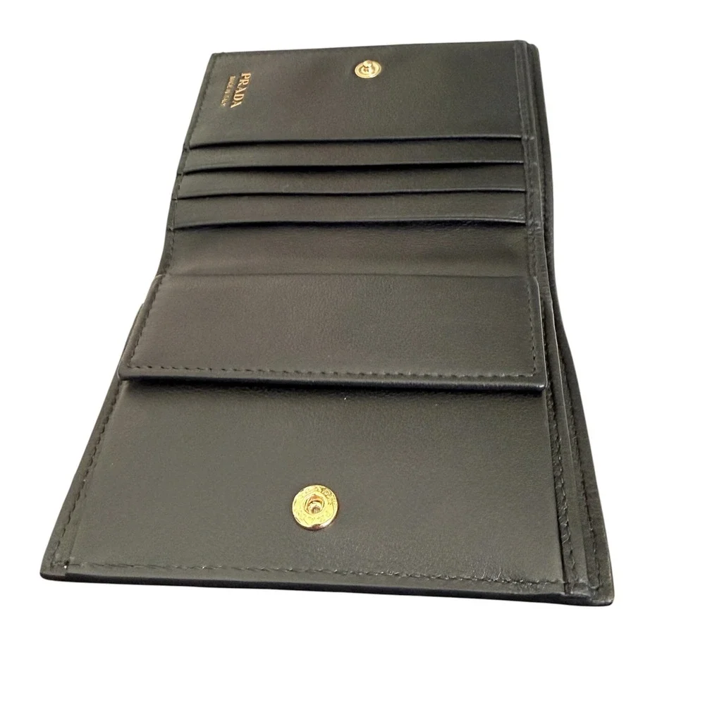 → Prada Black‎ Soft Grain Leather Bifold Wallet 1MV204 Gold Logo Italy New Auth